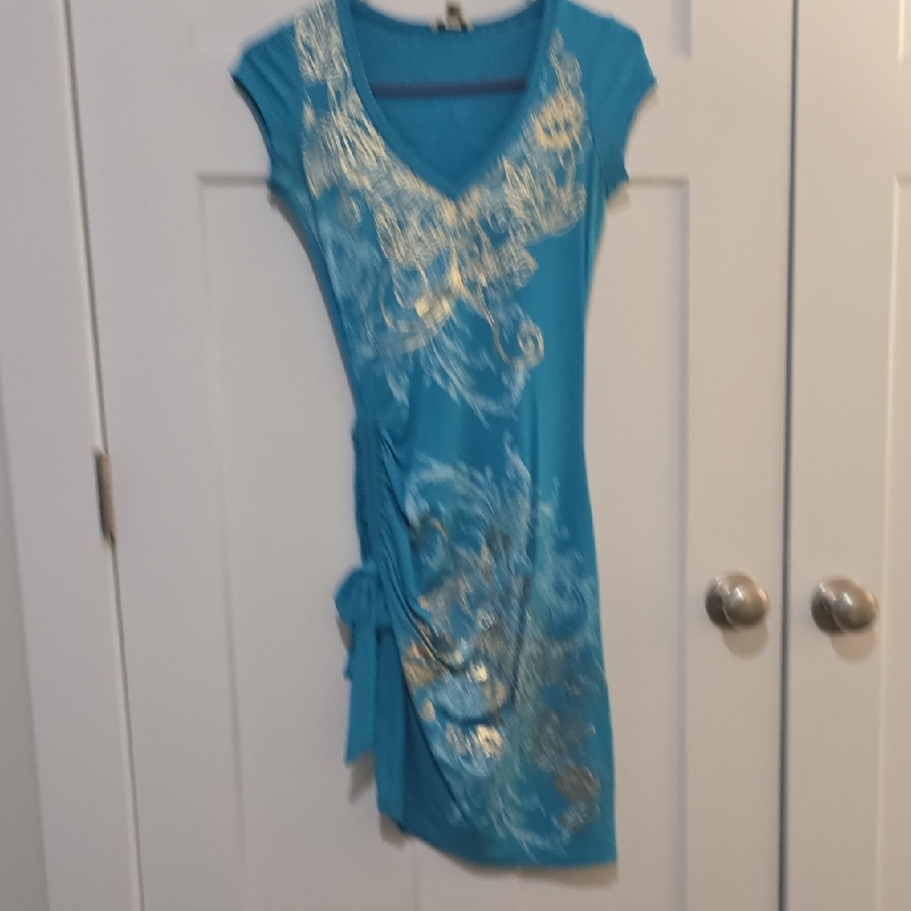 Cache Blue and Silver Asymmetrical Tunic with Cap Sleeves